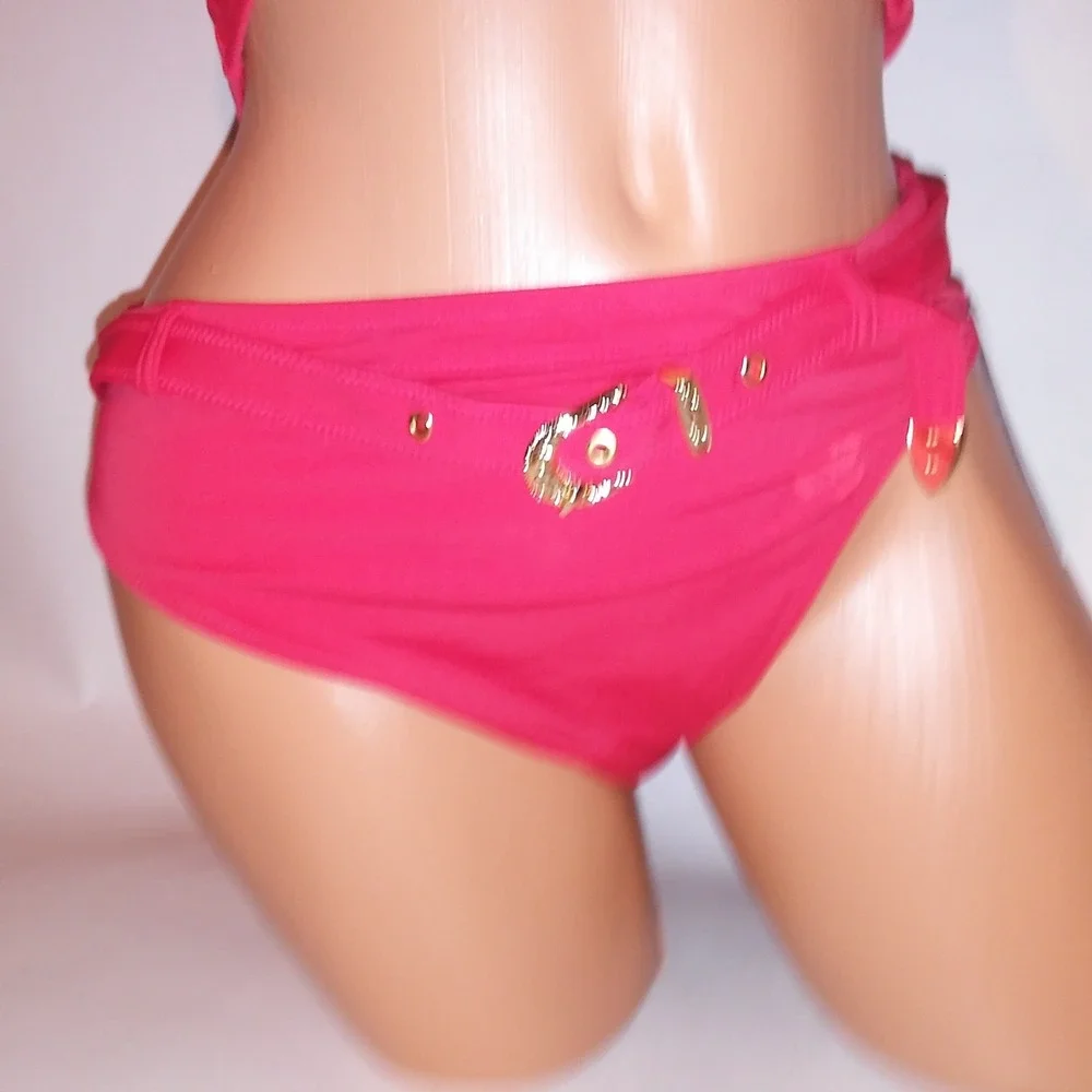 Victoria Secret PINK Swim Bikini Large Top Medium Bottom Red Solid Long Line New